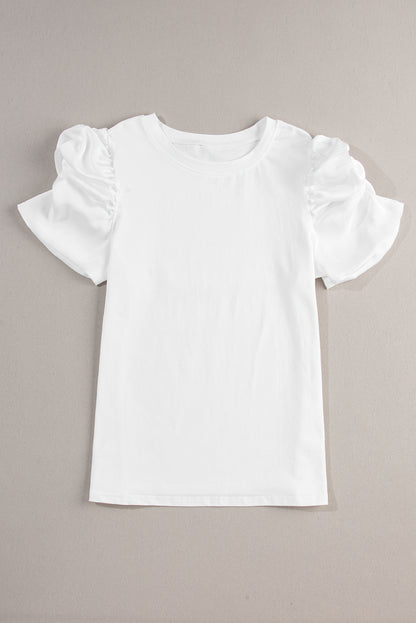 White Ruched Puff Sleeve Crew Neck Tee