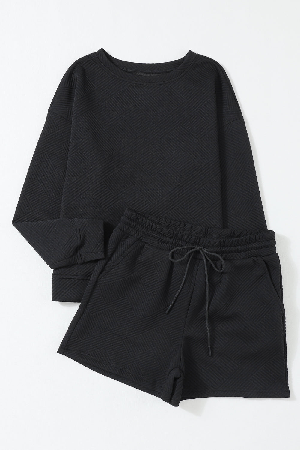 Black Textured Long Sleeve Top and Drawstring Shorts Set