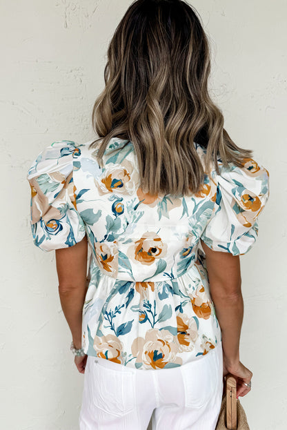 Green Floral Print Puff Sleeve V Neck Babydoll Blouse