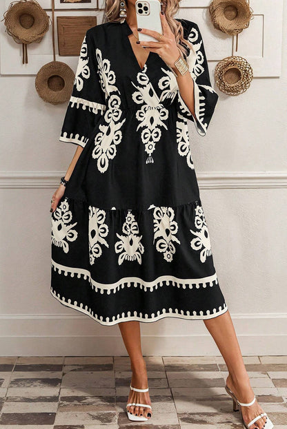 Black Western Geometric Print 3/4 Sleeve Loose Midi Dress