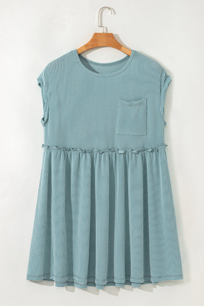 Canton Corded Knit Textured Patched Pocket Frilled Swing Mini Dress with Pockets