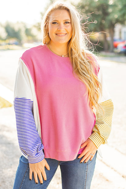 Rose Red Colorblock Patchwork Striped Puff Sleeve Plus Size Top with Slits