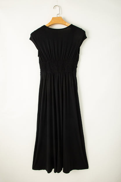 Black Short Sleeve Shirred High Waist V Neck Maxi Dress