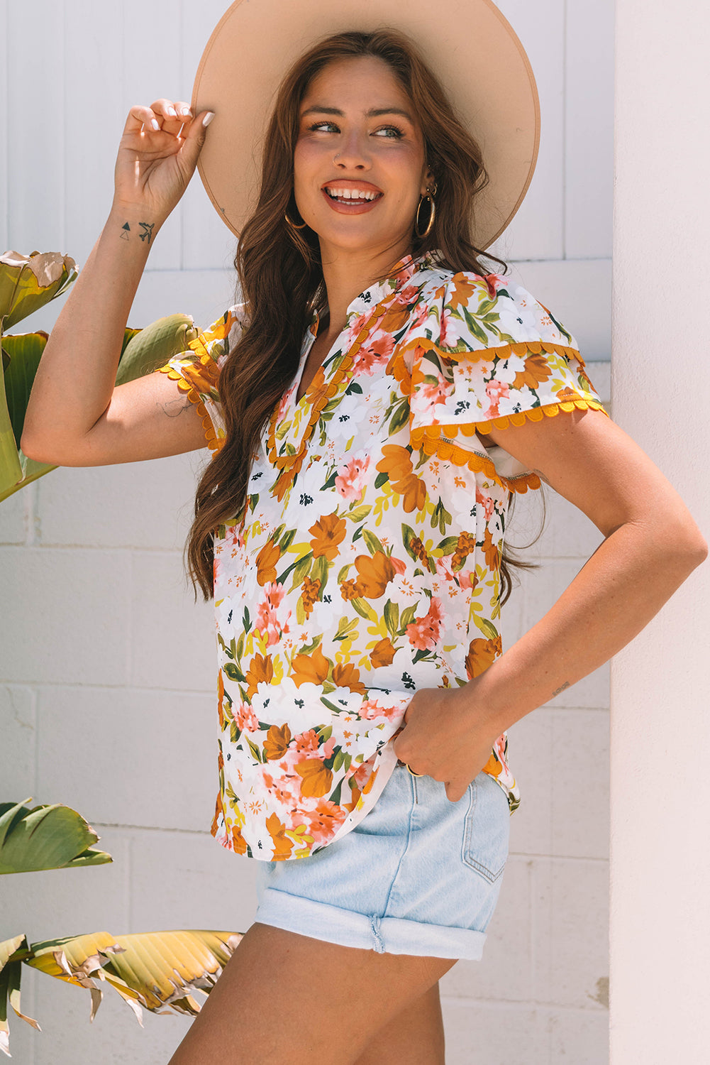 Russet Orange Ruffled V Neck Scalloped Short Sleeve Floral Blouse
