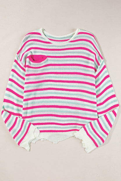 Rose Stripe Oversized Drop Shoulder Sweater with Pocket