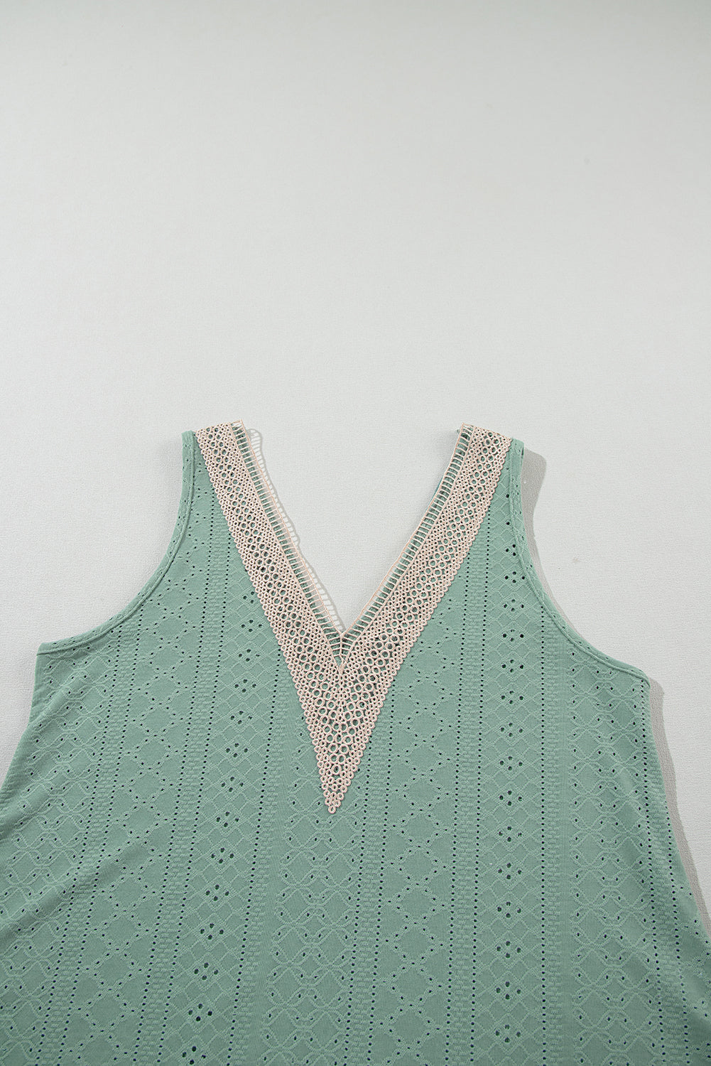 Mist Green Lace Crochet Splicing V Neck Loose Fit Tank Top