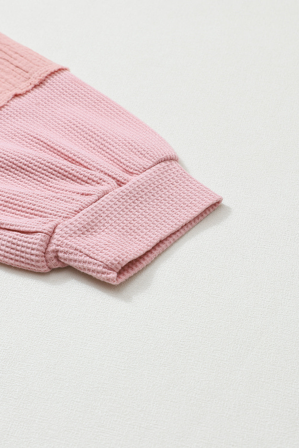 Pink Exposed Seam Patchwork Bubble Sleeve Waffle Knit Top