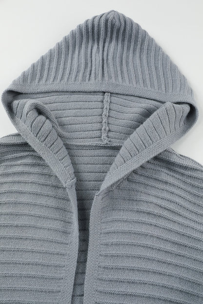 Gray Horizontal Rib Knitted Open Front Hooded Cardigan