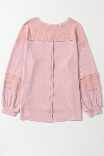 Pink Exposed Seam Patchwork Bubble Sleeve Waffle Knit Top