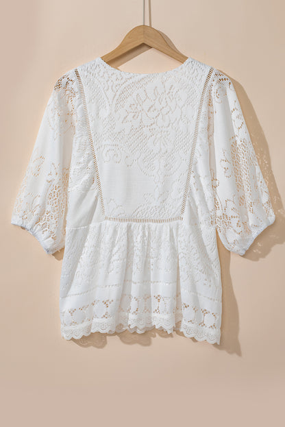 White Lace Crochet Hollowed Scallop Hem V Neck Blouse