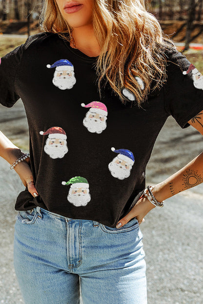 Black Sequin Patched Father Christmas Graphic T Shirt
