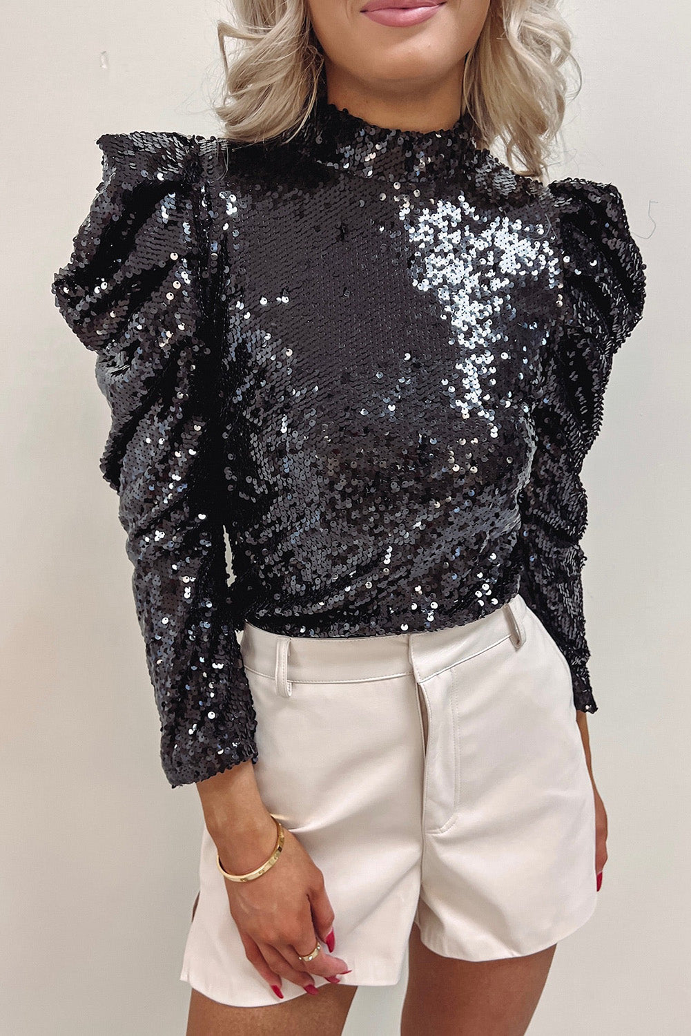 Black Sequin Mock Neck Bubble Sleeve Top