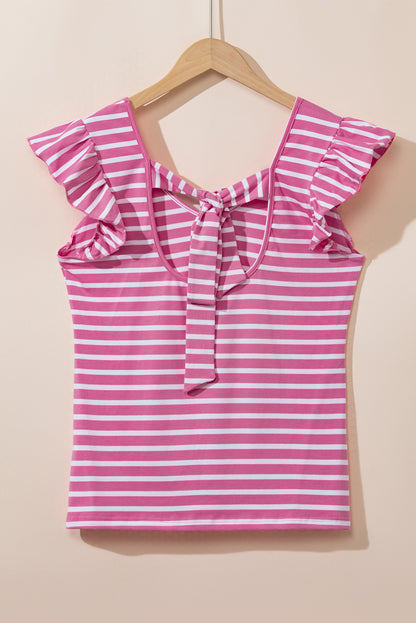 Pink Stripe Butterfly Sleeve V Neck Hollowed Knot Back T Shirt