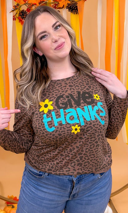 Give Thanks Leopard Long Sleeve Graphic T-Shirt