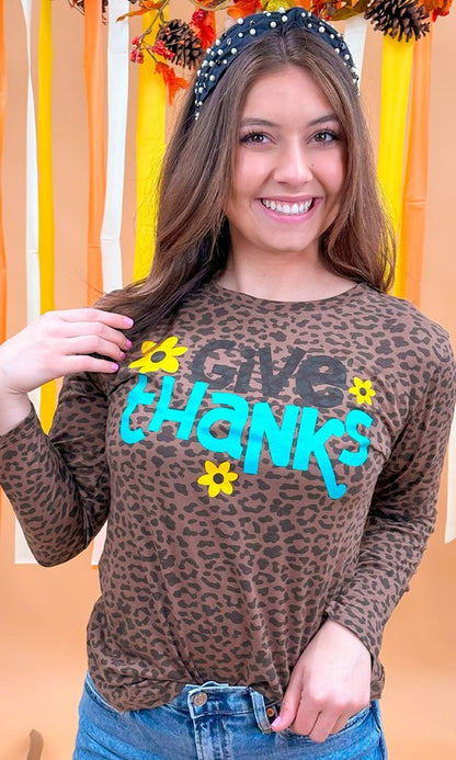 Give Thanks Leopard Long Sleeve Graphic T-Shirt