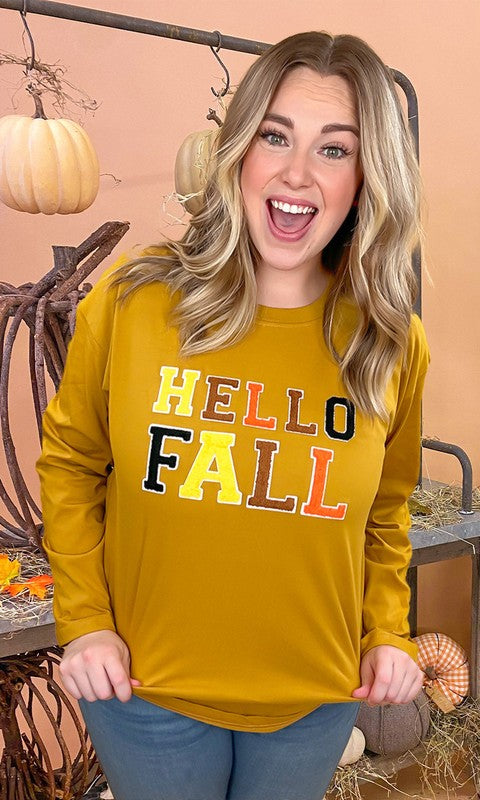 Soft Chenille Hello Fall Graphic BF LS T-Shirt