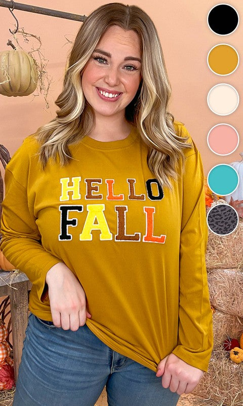 Soft Chenille Hello Fall Graphic BF LS T-Shirt