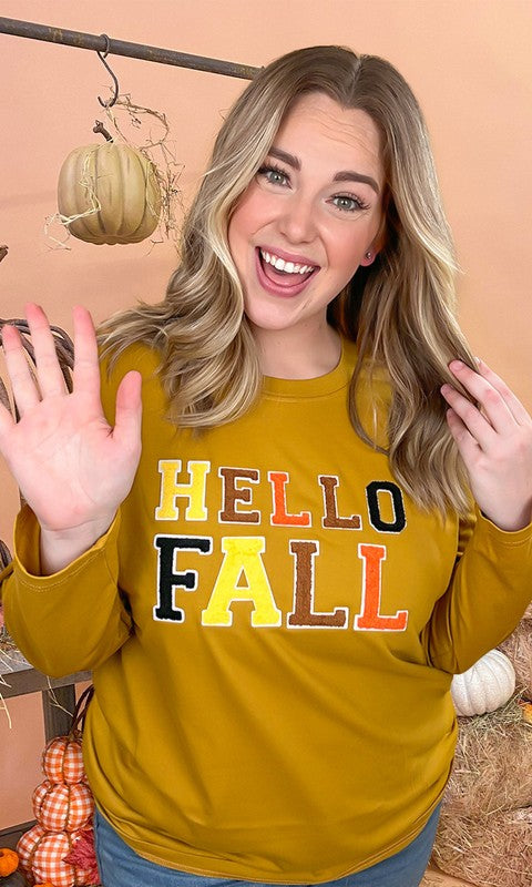 Soft Chenille Hello Fall Graphic BF LS T-Shirt