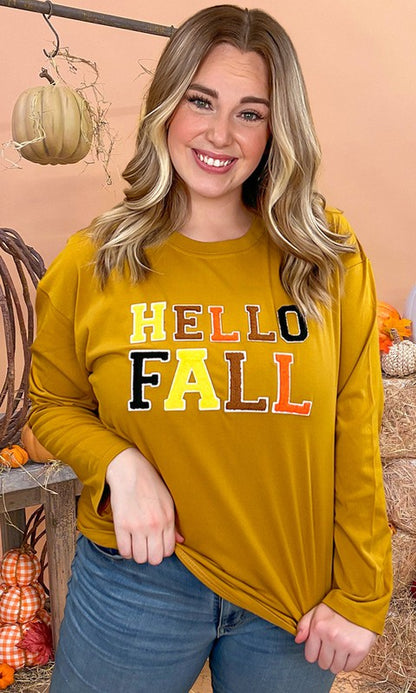 Soft Chenille Hello Fall Graphic BF LS T-Shirt