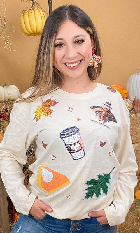 Thanksgiving Sparkle Boyfriend Long Sleeve T-Shirt