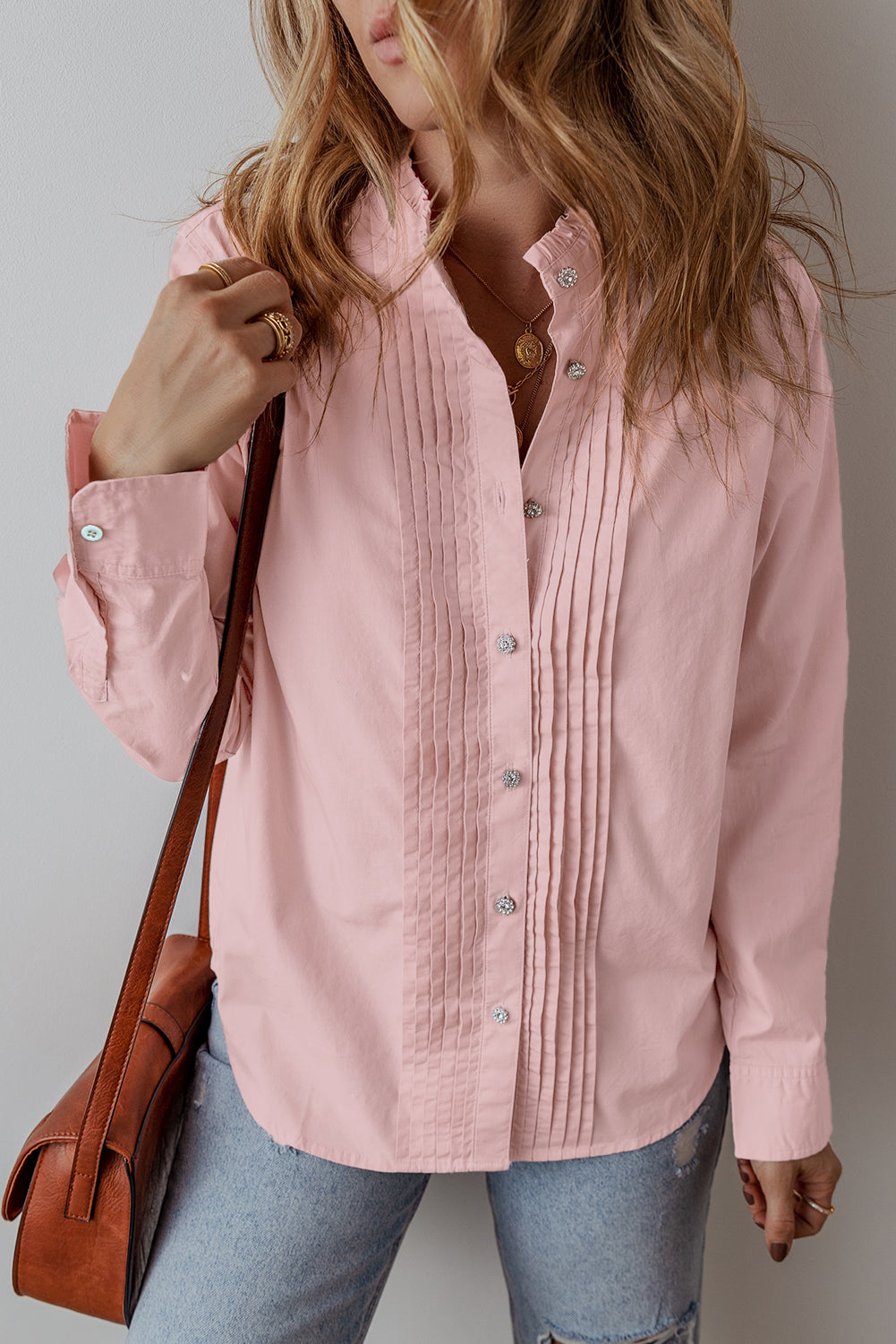 Light Pink Pleated Button-Up Loose Fit Casual Shirt