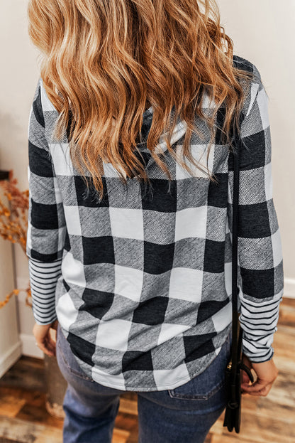 Multicolour Plaid Striped Patchwork Drawstring Hoodie