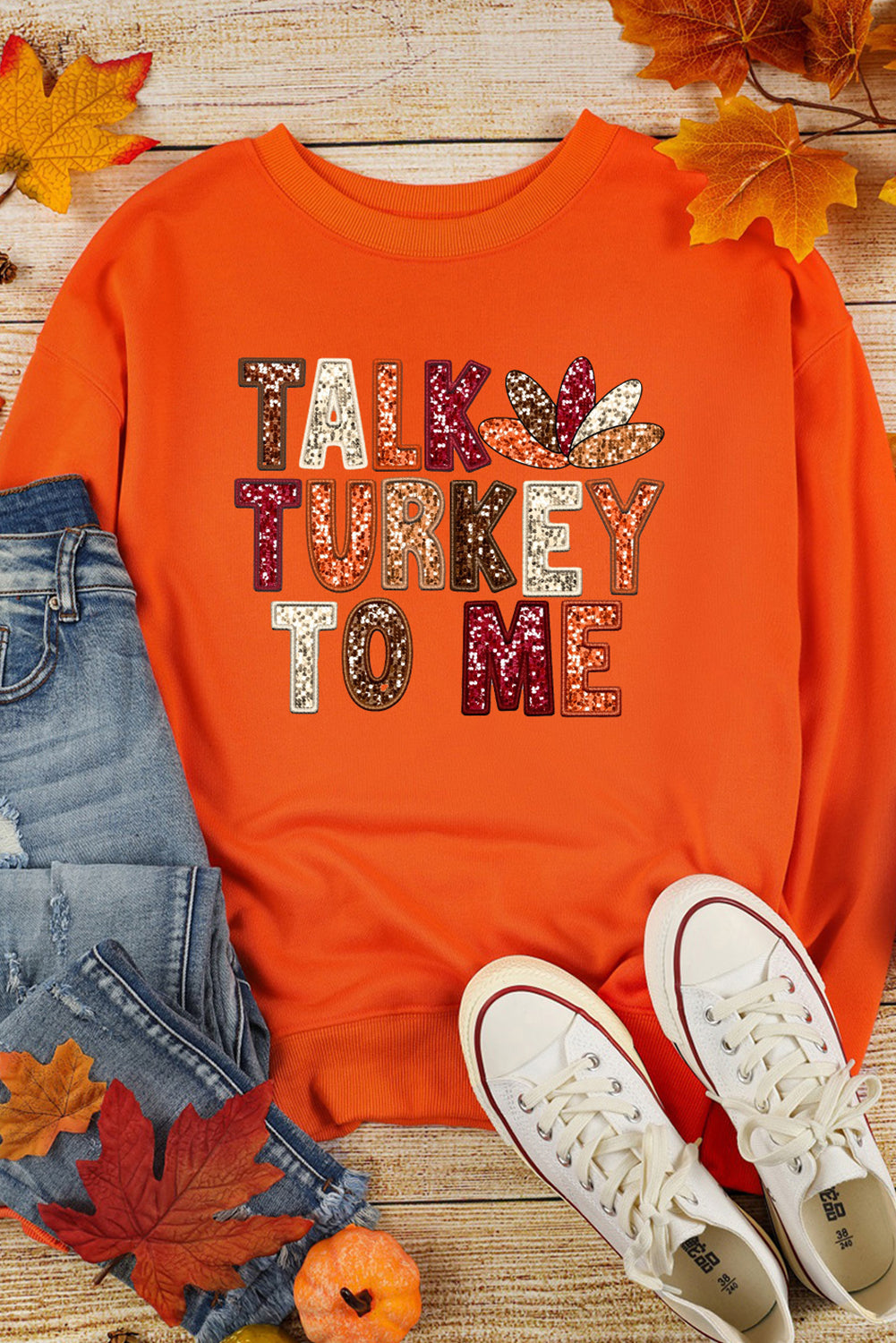 Orange TALK TURKEY TO ME Heat Transfer Printing Graphic Thanksgiving Holiday Sweatshirt