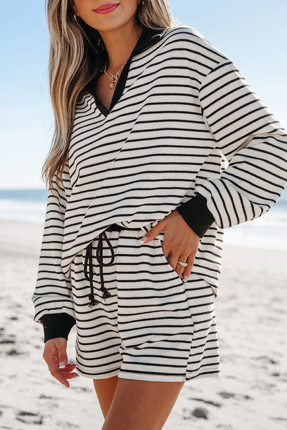 Black Stripe Collared Long Sleeve Top and Drawstring Shorts Set