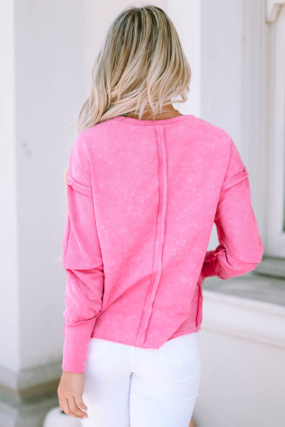 Rose Exposed Seamed High Low Raw Edge Sweatshirt