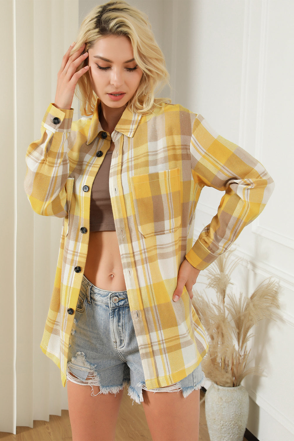 Yellow Plaid Button Up Patch Pocket Shirt