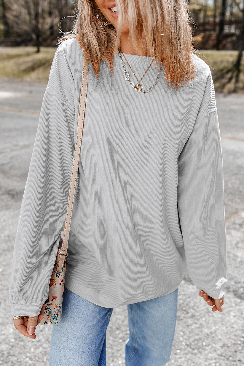 Light Grey Ribbed Corduroy Oversized Sweatshirt