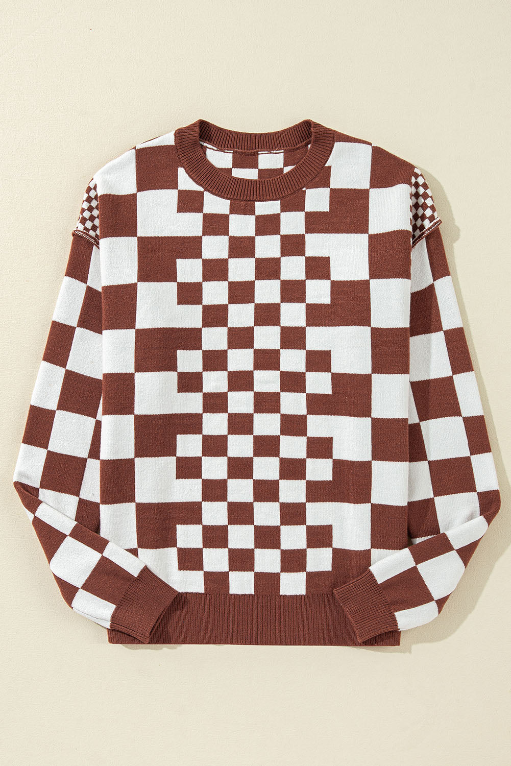 Brown Checkered Print Drop Shoulder Round Neck Sweater