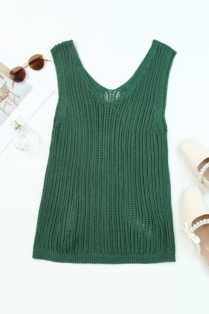 Green Hollowed Knit V Neck Tank Top