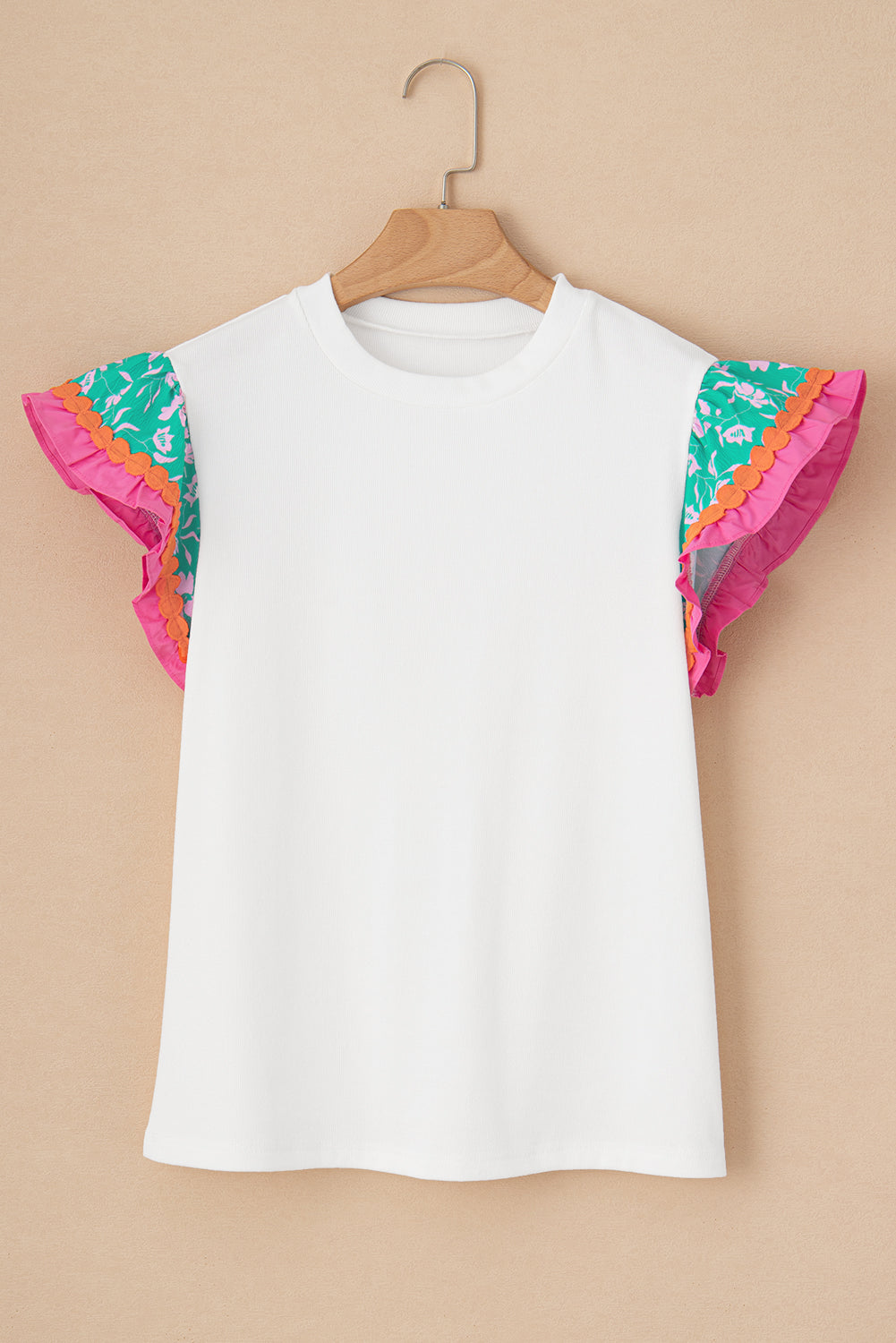 White Contrast Ricrac Floral Sleeve Top