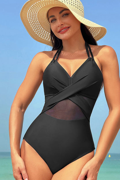 Black Halter Mesh Insert Cross Front One-Piece Swimsuit