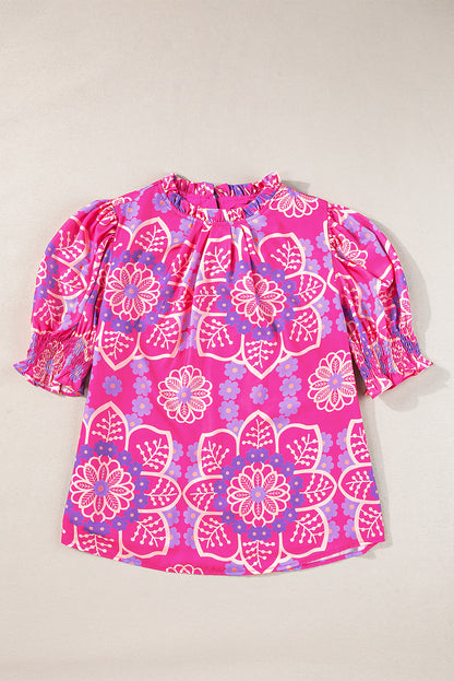 Rose Floral Print Frilled Neck Smocked Puff Sleeve Blouse