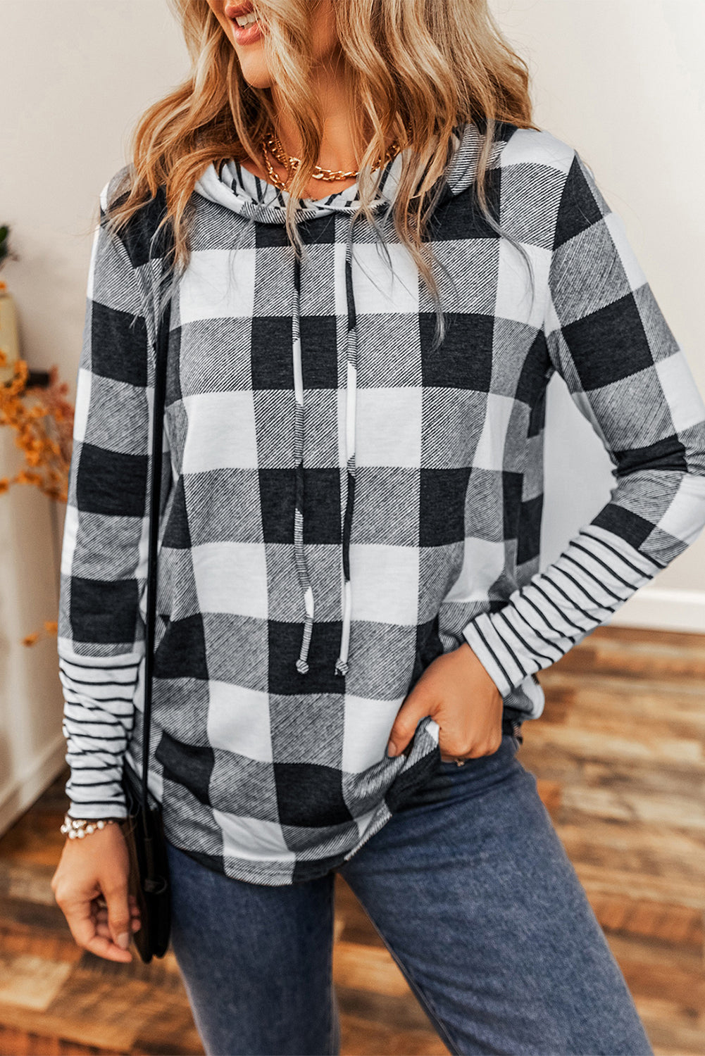 Multicolour Plaid Striped Patchwork Drawstring Hoodie