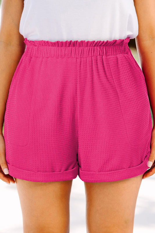 Bright Pink Plus Size Rolled Edge Ruffled Elastic Waist Textured Shorts