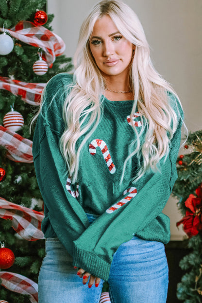 Green Sequined Candy Canes Gingerbread Man Sweater