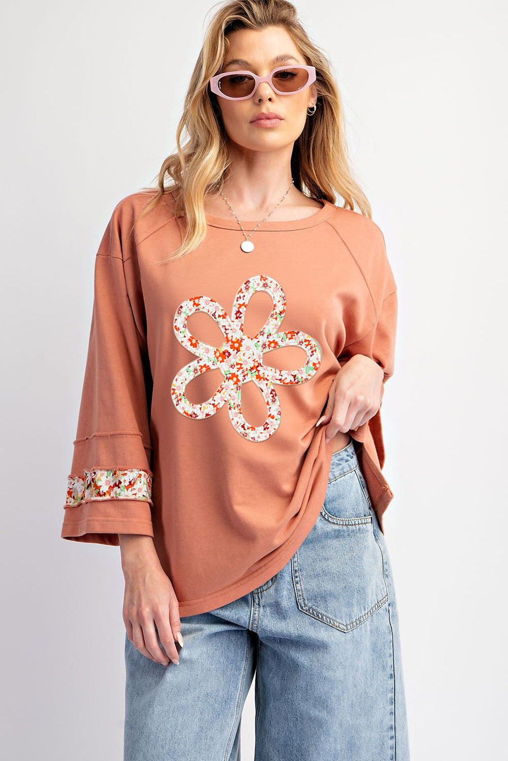 Grapefruit Orange Flower Patch Graphic Exposed Seam Wide Sleeve Top