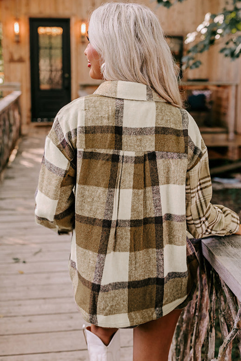 Parchment Contrast Plaid Patchwork Flap Pocket Shacket