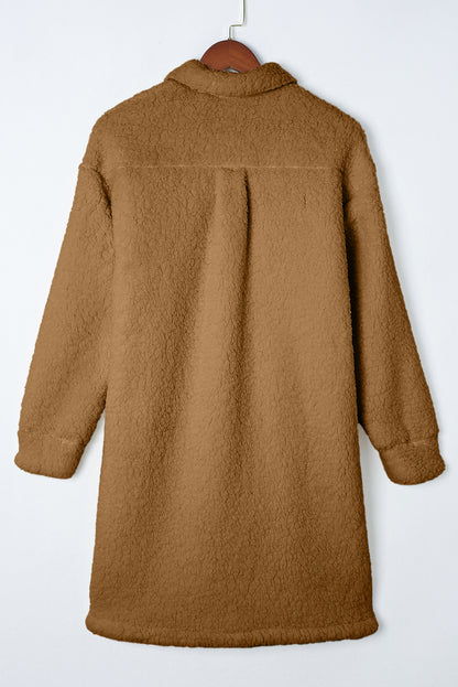 Khaki Contrast Flap Pocket Single Breasted Teddy Coat