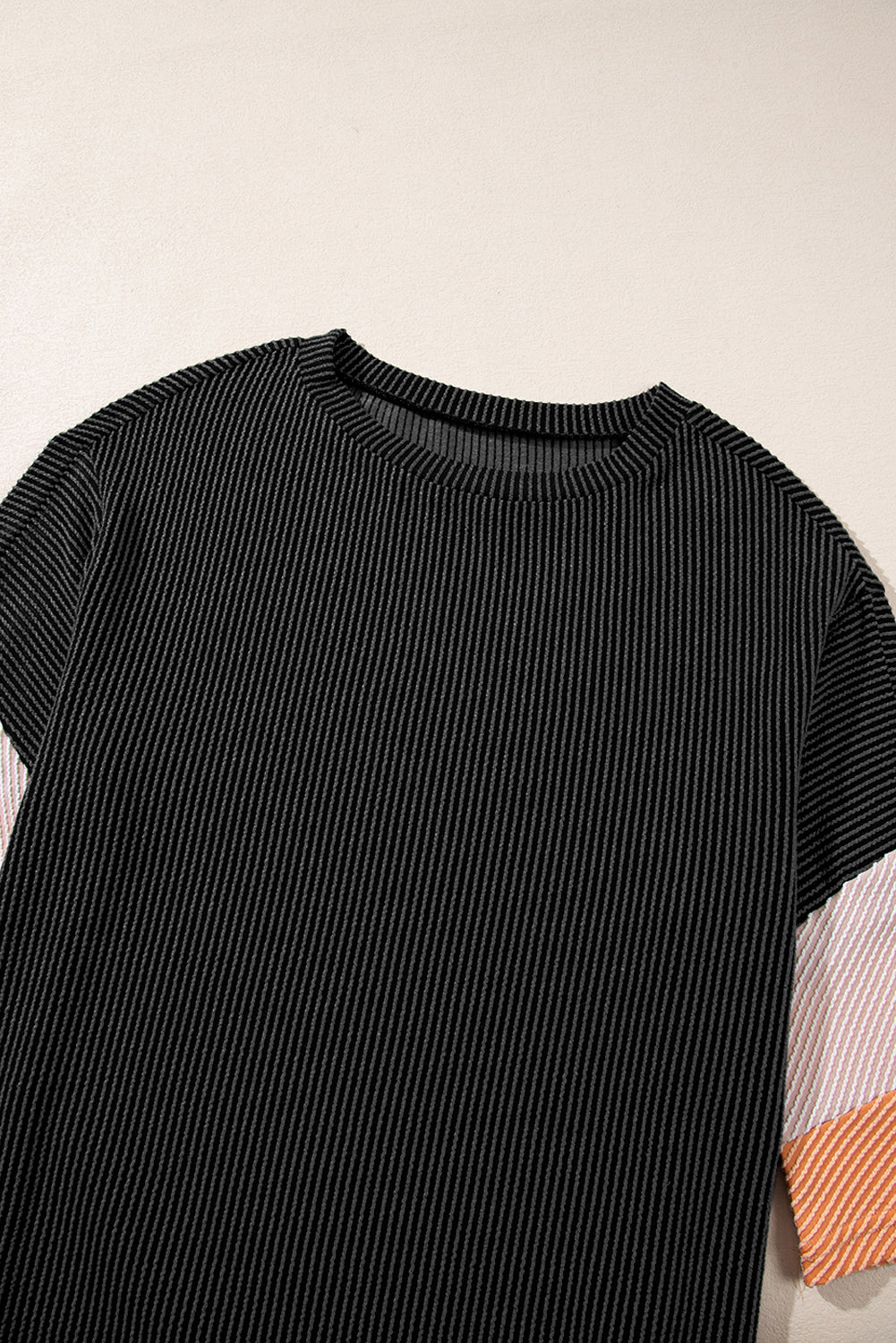 Carbon Grey Color Block Ribbed Knit Quarter Sleeve Top