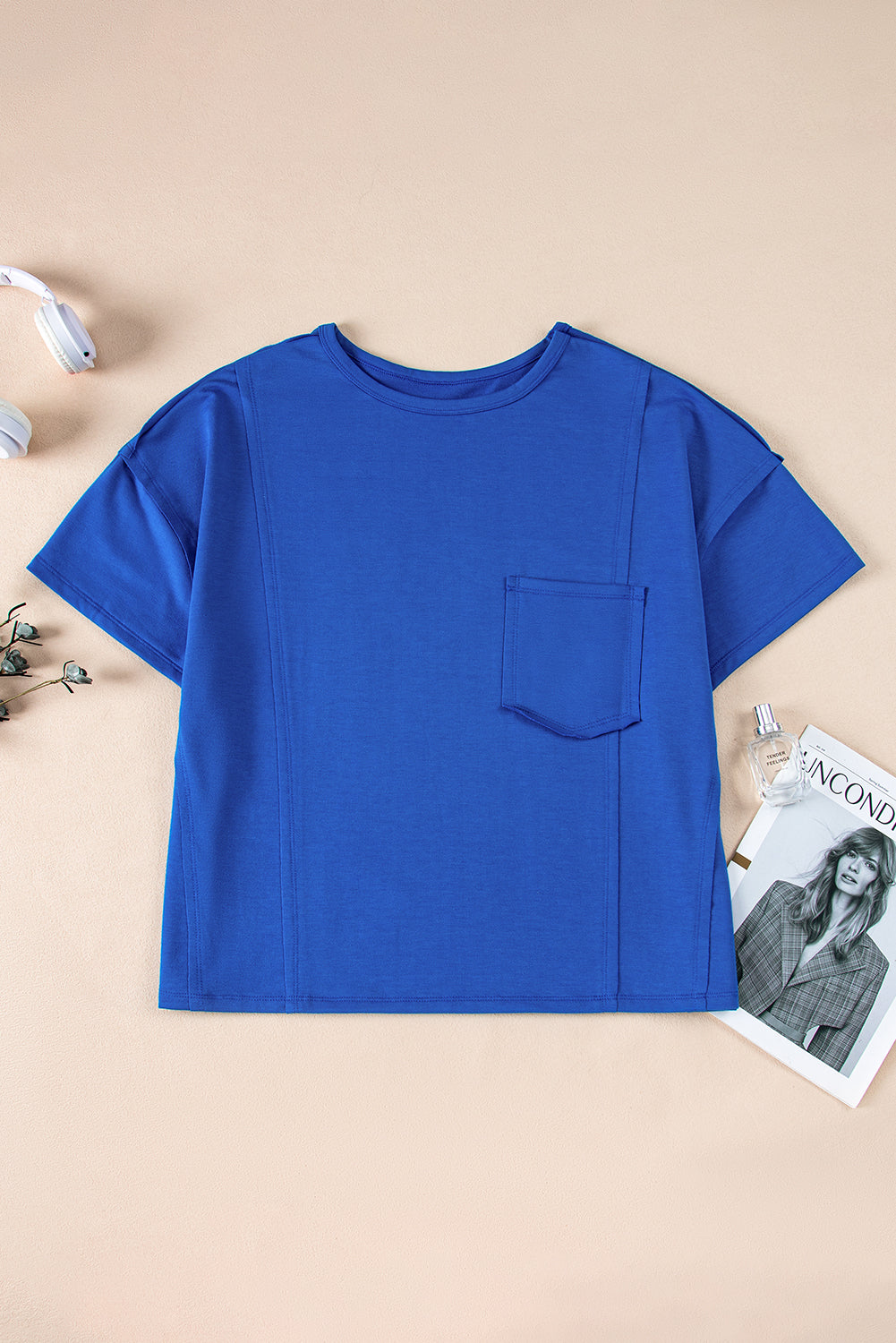 Blue Patched Pocket Exposed Seam Oversize T-shirt