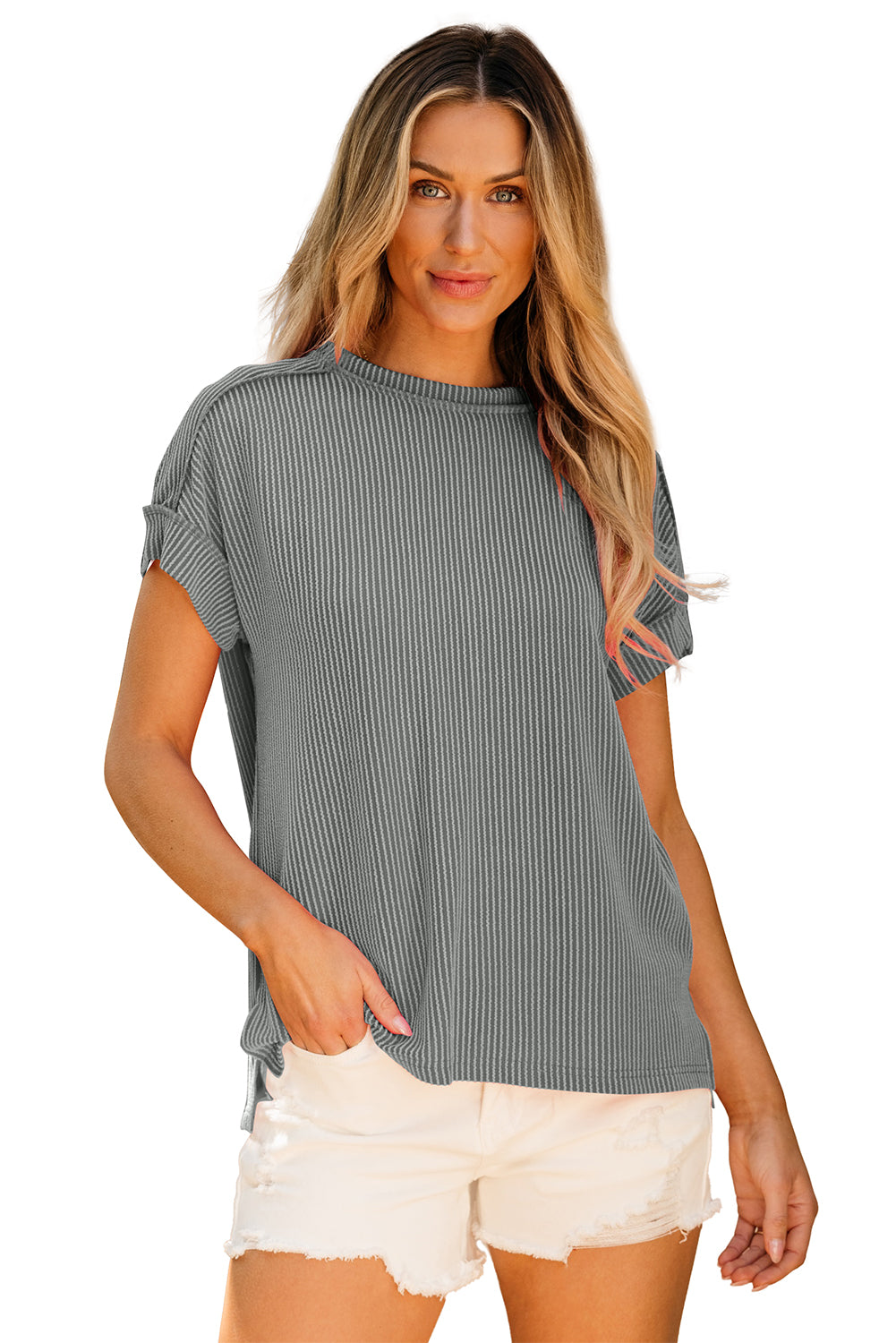Medium Grey Textured Knit Exposed Stitching T-shirt
