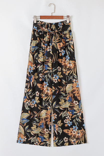 Multicolour Floral Shirred High Waist Wide Leg Pants with Tie