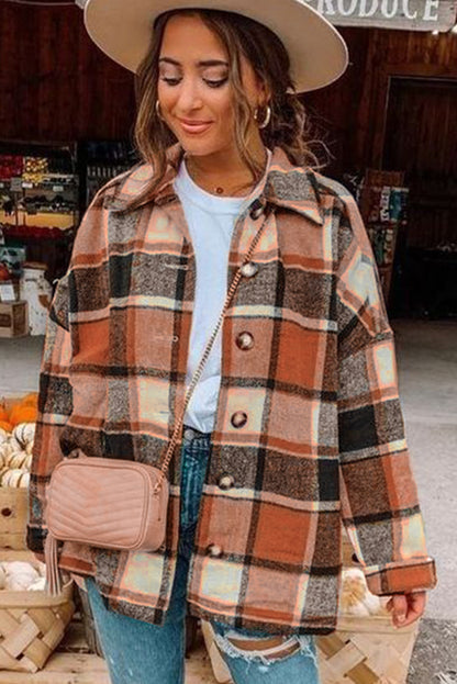 Orange Plaid Print Buttoned Shirt Jacket