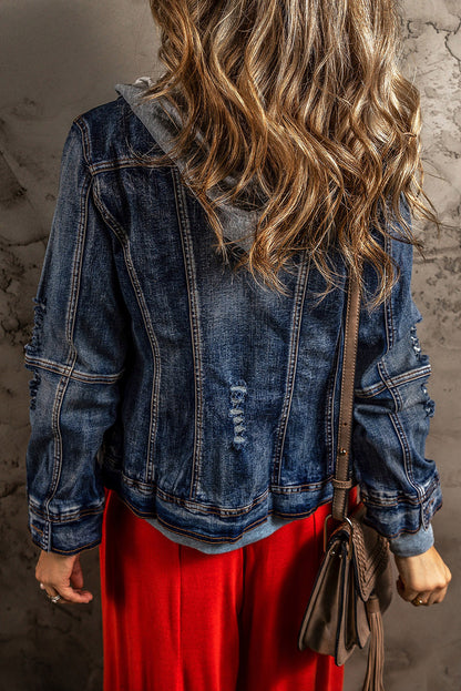 Dark Blue Fake Two-Piece Hooded Zip-Up Denim Jacket