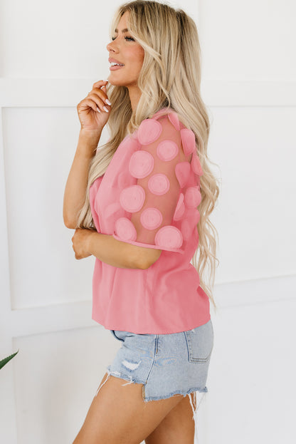 Dusty Pink Contrast Applique Mesh Half Sleeve Blouse