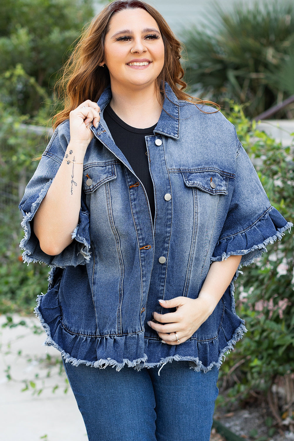 Peacock Blue Ruffled Frayed Short Sleeve Plus Size Denim Jacket